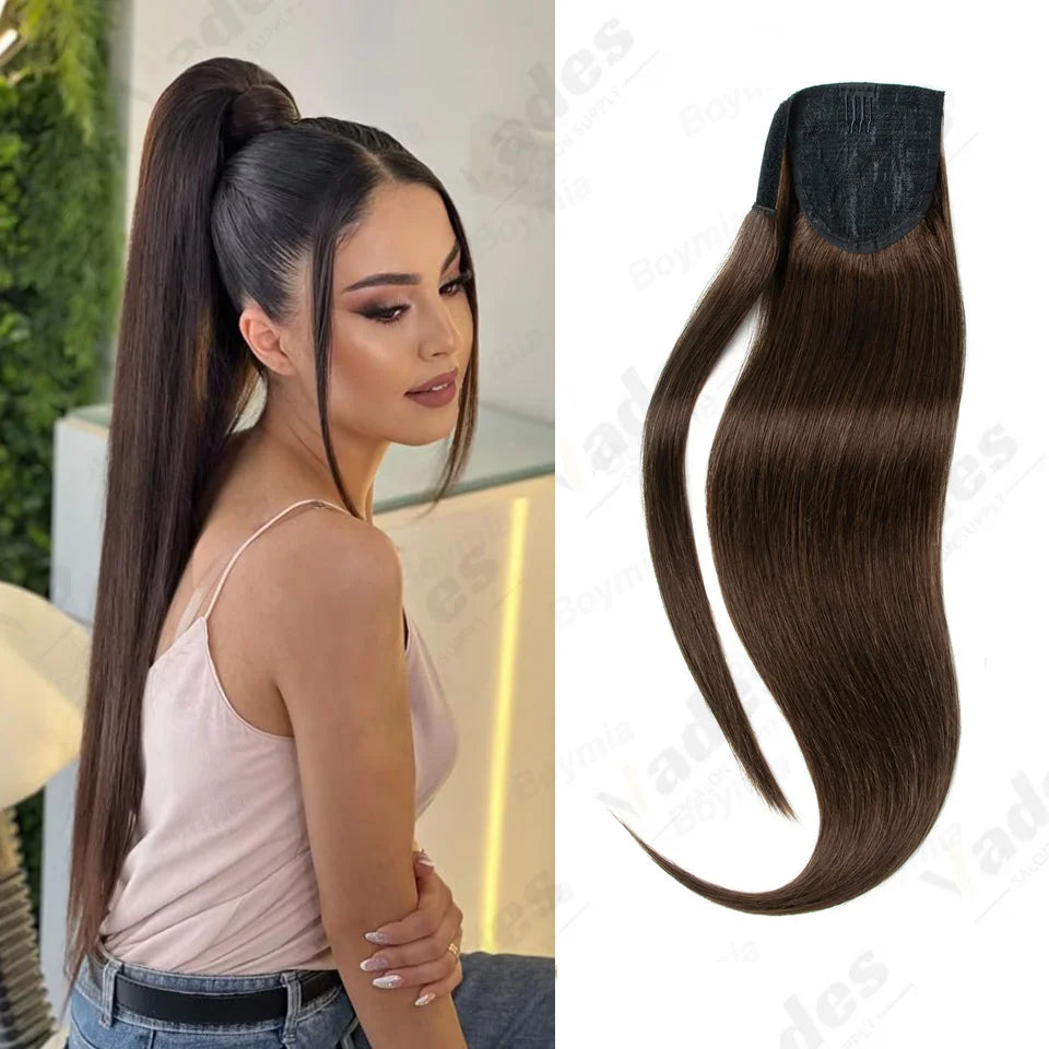 HSF Marketplace silky straight human hair clip-on ponytail extension in natural Remy hair texture