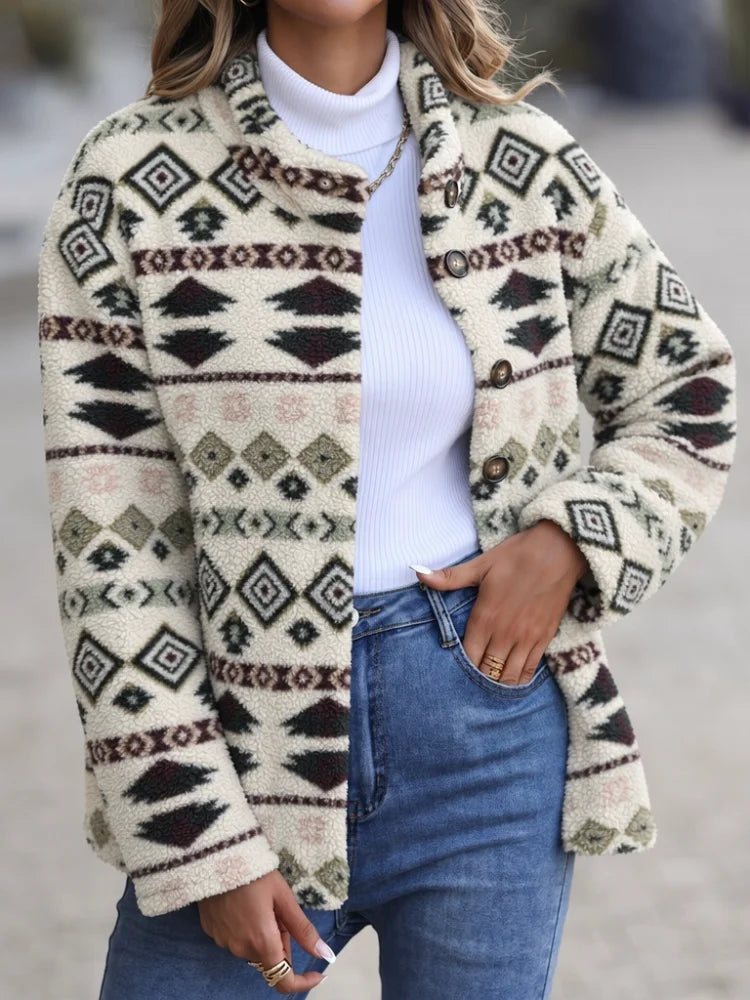 Women's winter fleece jacket with Aztec print by HSF Marketplace