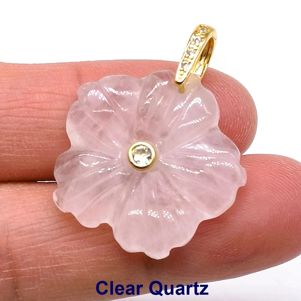 26mm Flower Shape Carved Natural Crystal Stones Amethyst Rose Quartz Tiger Eye Gemstone for Diy Necklace Pendant