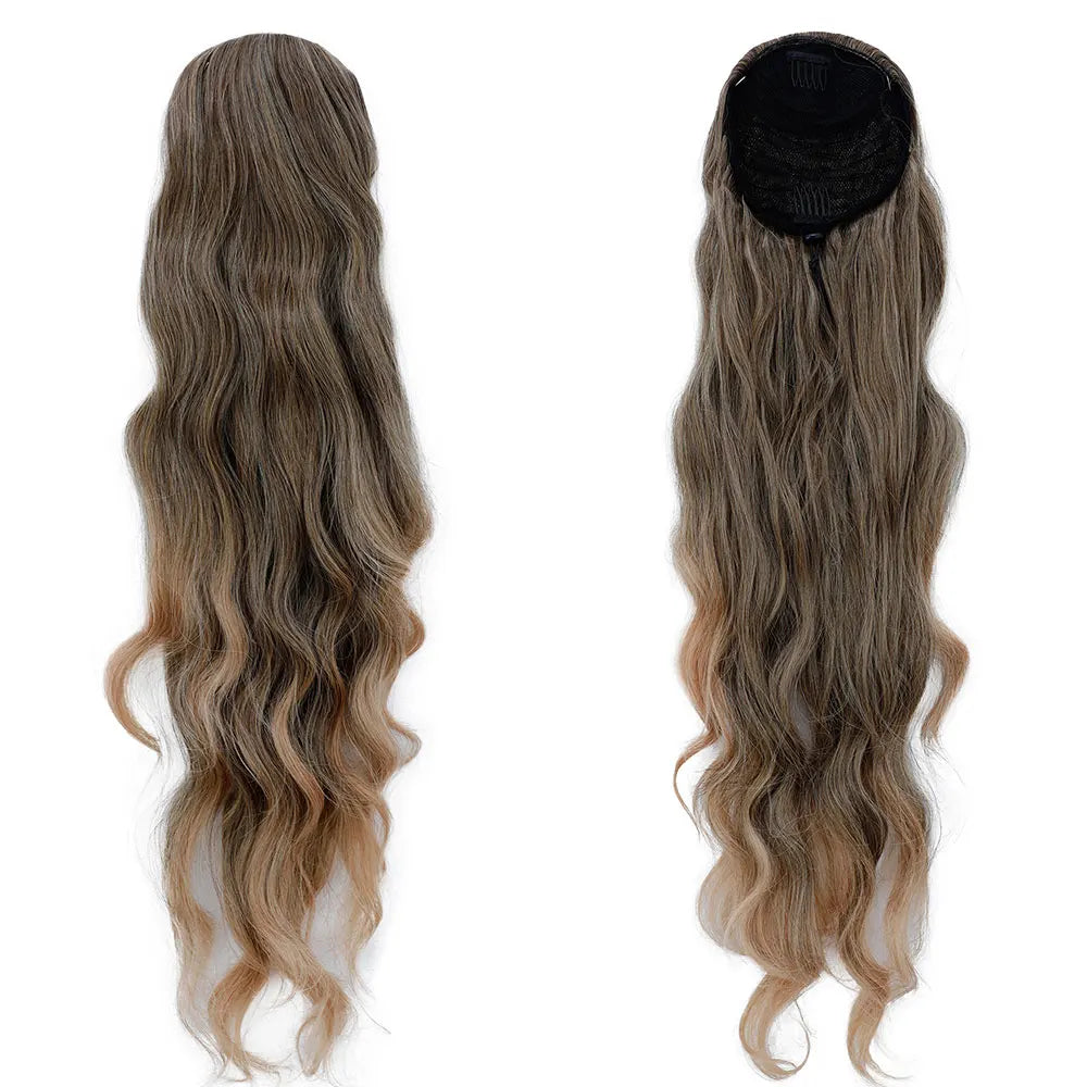 28-inch synthetic body wave drawstring ponytail in ombre brown with blonde highlights, heat resistant extension