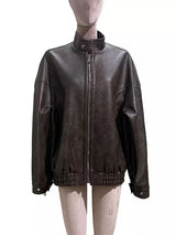 Women's distressed brown PU leather coat by HSF Marketplace, front view with long sleeves and button closure
