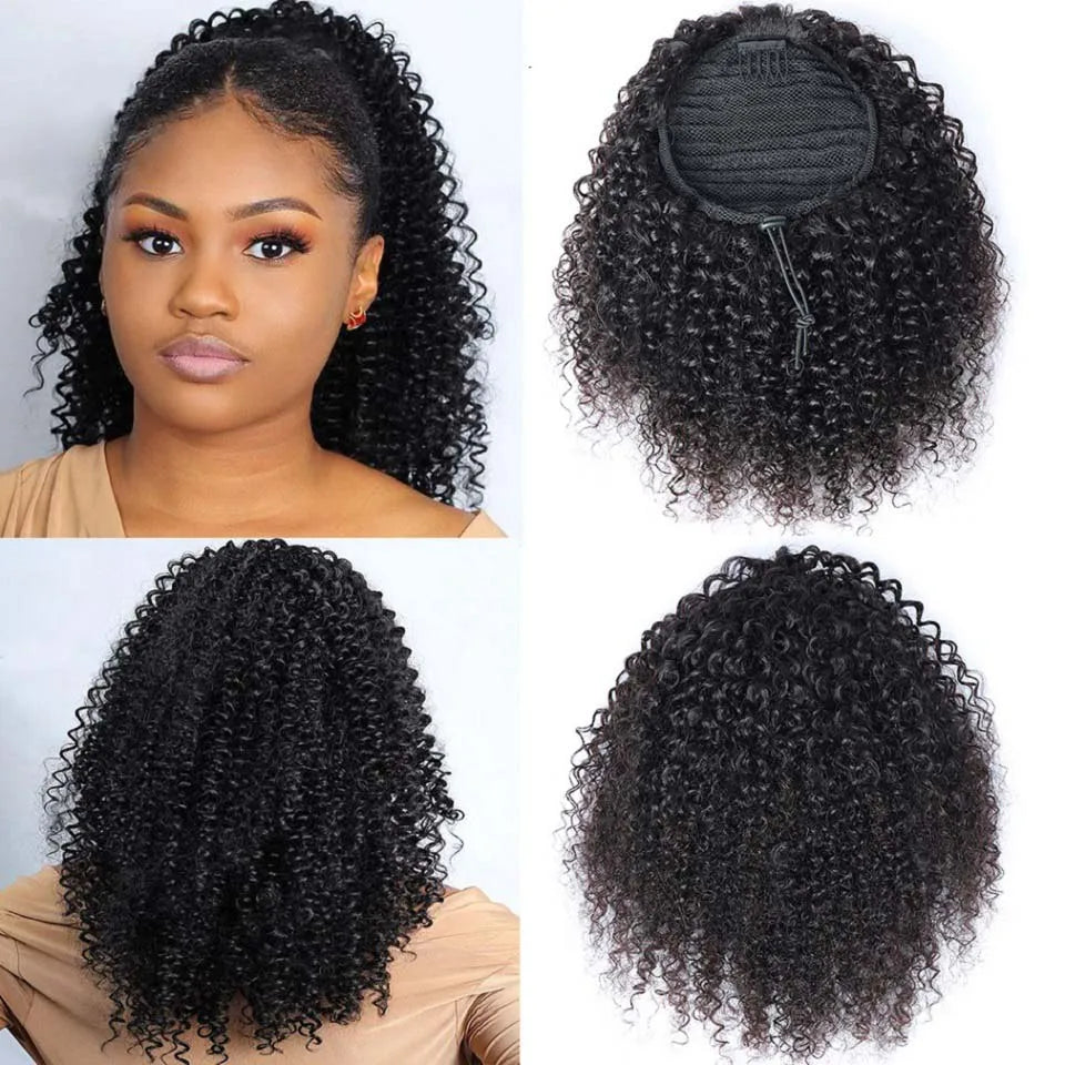 Human hair afro kinky curly drawstring ponytail extension with wrap and clips, fluffy natural curly texture