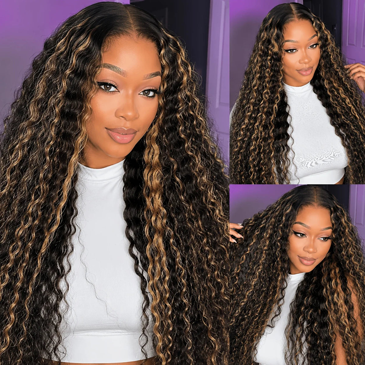 5x5 glueless deep wave human hair lace front wig, 1B/30 ombre curly highlights for women by HSF Marketplace