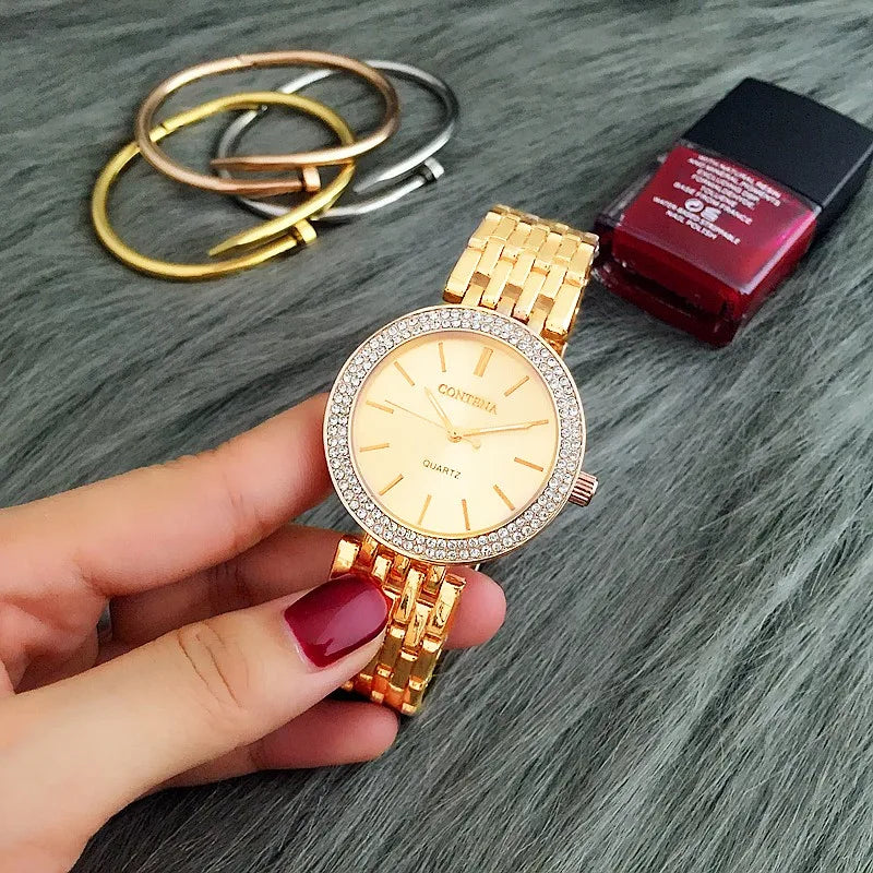 Contena Brand Luxury Women's Watch Fashion Rhinestones Stainless Steel Quartz Watch Simple Elegant Ladies Watch Reloj Mujer