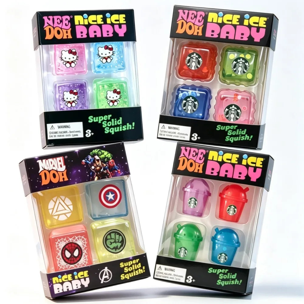 Four mini NeeDoh Nice Ice Cube squishy sensory toys from HSF Marketplace, slow rebound stress relief fidget toys for kids and adults.