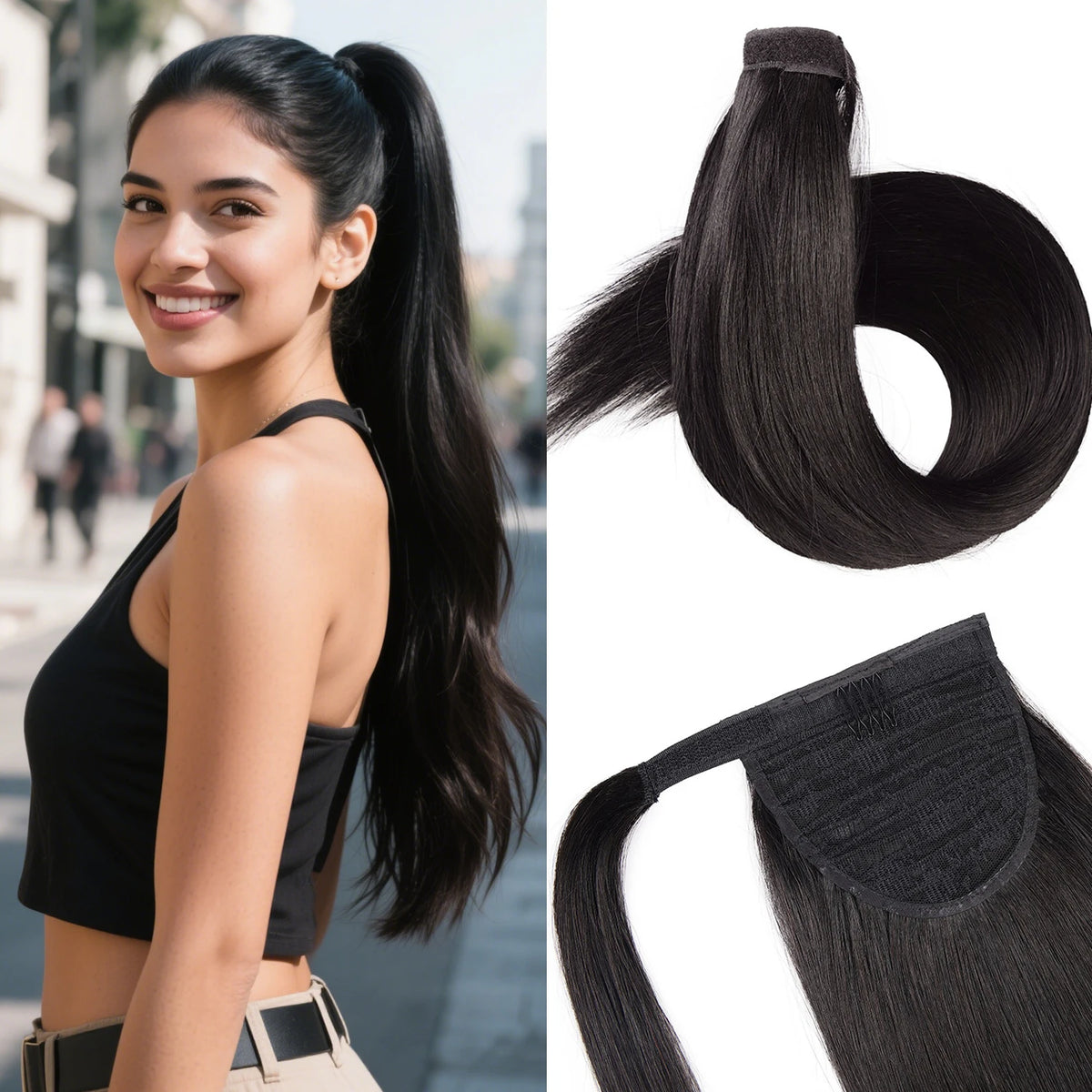 Straight human hair wrap-around ponytail extension with clip for women, natural-looking real hair piece