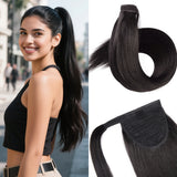Straight human hair wrap-around ponytail extension with clip for women, natural-looking real hair piece