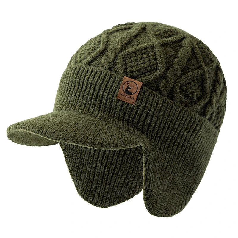 Unisex winter knitted beanie hat with plush fur lining and earflaps for warm outdoor wear