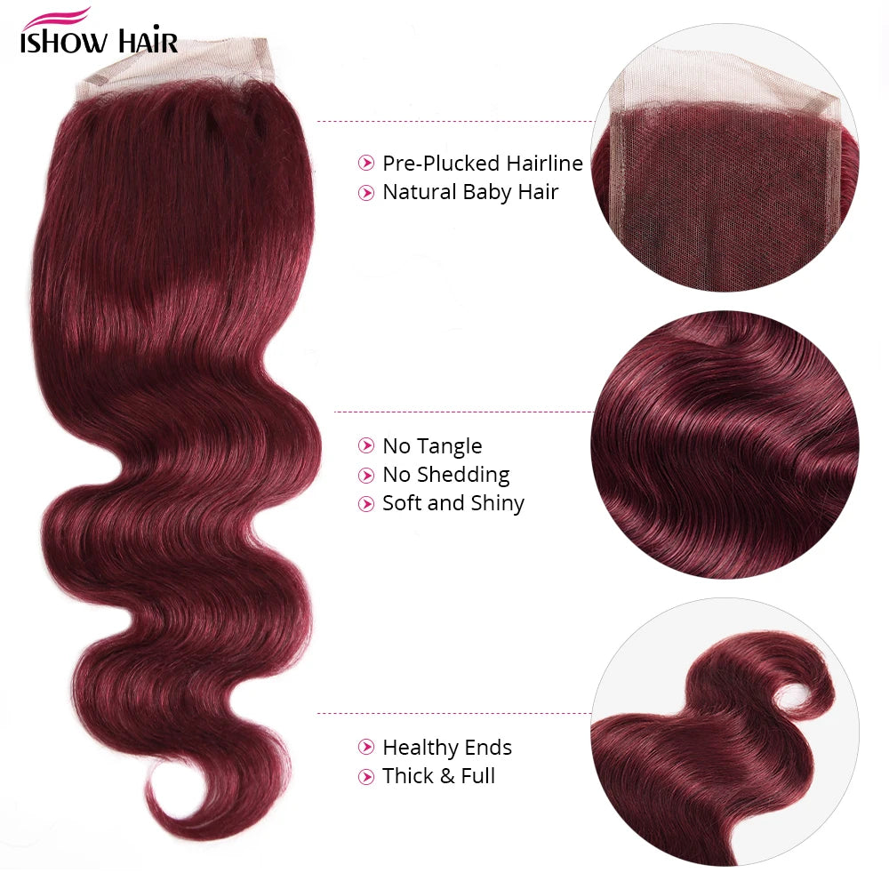 99J Burgundy Body Wave Human Hair Extensions with 4x4 Lace Closure And 5x5 Lace Closure Remy Hair Bundles for Women