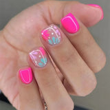 24-piece HSF Marketplace short almond press-on nails with pink floral French tips, glossy full-cover finish