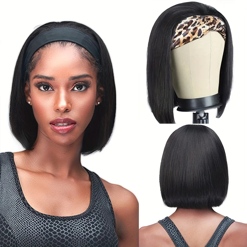 HSF Marketplace human hair headband bob wig, short straight Brazilian hair, full machine-made style for women