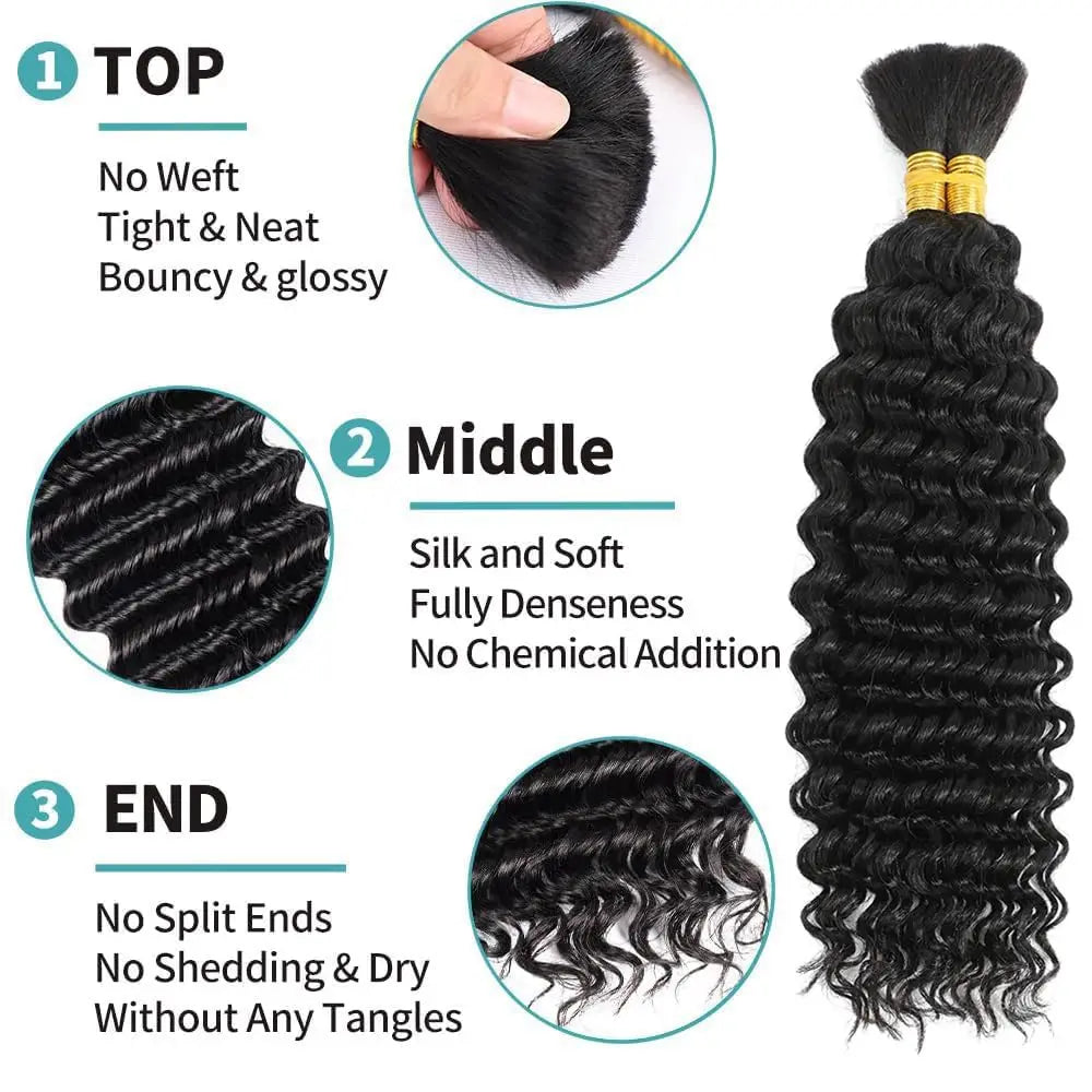 Deep Wave 1B Human Hair Bulk No Weft Curly Braiding Hair Extensions, Soft Real Human Hair Bulk For Making Knotless Boho Braids Various Fashion Braided Hairstyles For Ladies