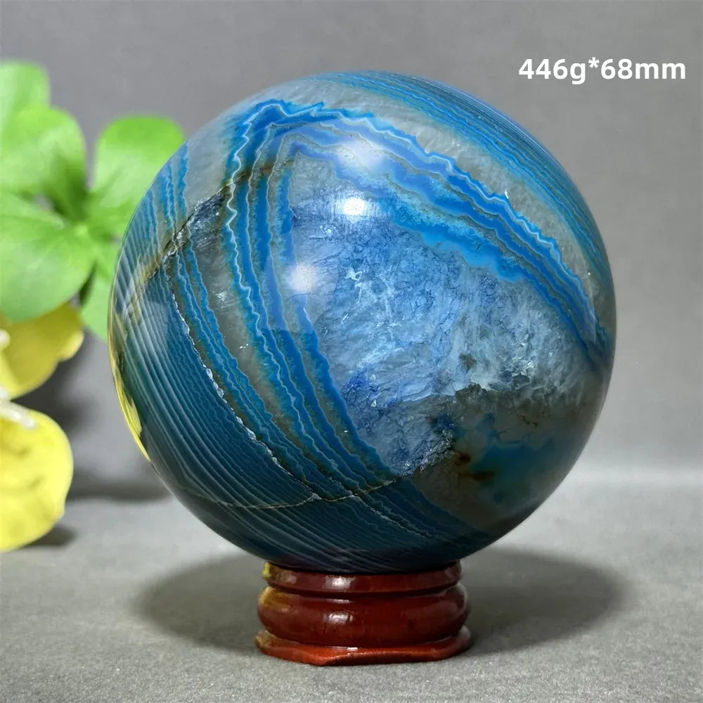 Natural Sapphire Blue Agate Mineral Quartz Crystal Ball Aura Meditation Energy Divination Altar Home Decoration+Base