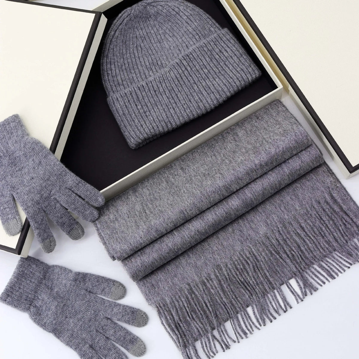 Knitted fur glove, hat and scarf set for winter wear in a coordinated design by HSF Marketplace