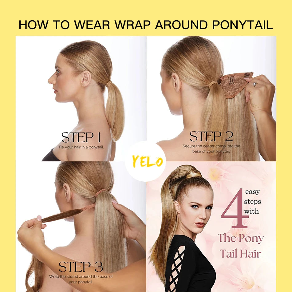 Yelo human hair Remy straight clip-on ponytail extension in blonde, brown, and black tones