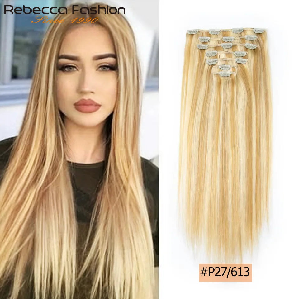 Seven-piece set of natural human hair clip-in extensions by HSF Marketplace, featuring 16-24 inch straight double weft hair for styling