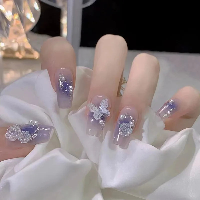 24-piece blush pink glitter diamond cat eye coffin press-on false nails, short square full-cover tips