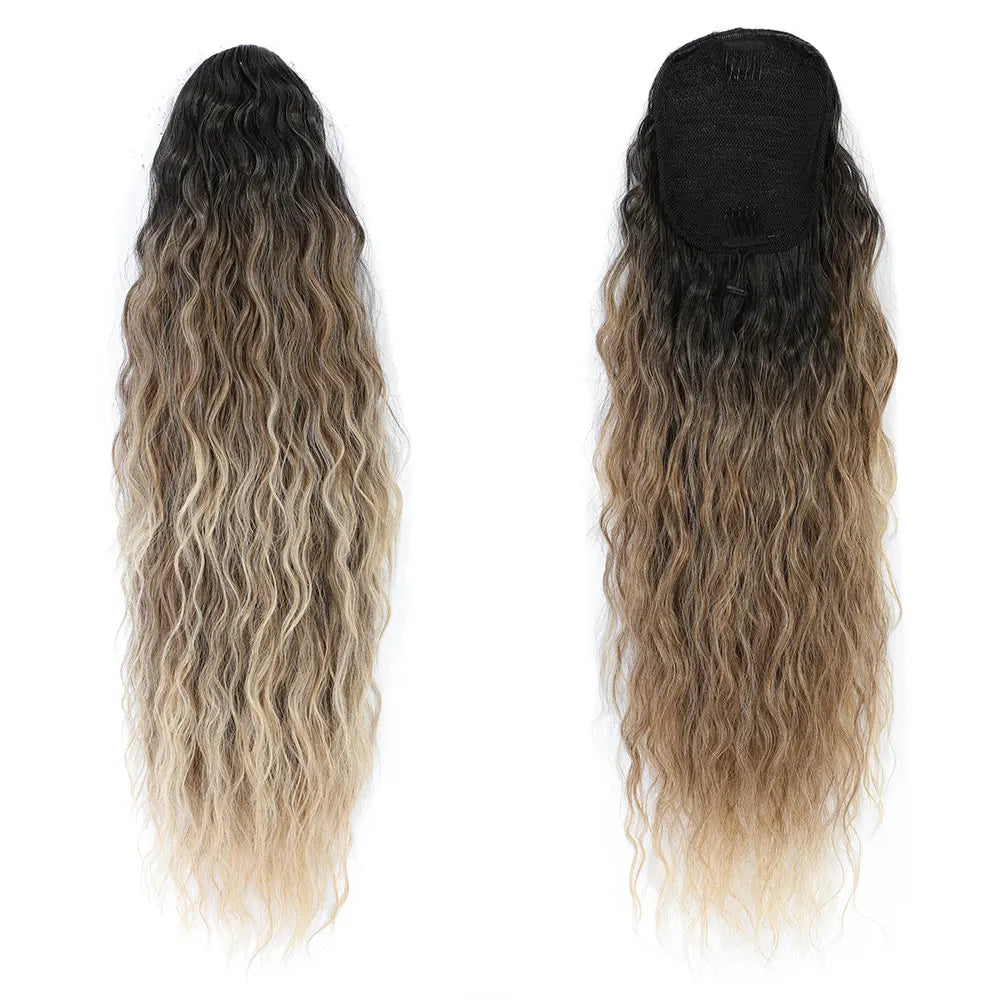 180g 26-inch ombre brown blonde water curly drawstring ponytail clip, heat-resistant synthetic hair by HSF Marketplace