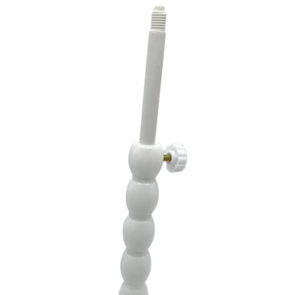 White plastic wig stand with mushroom top, foldable and stable, ideal for displaying short wigs and hair styling tools.