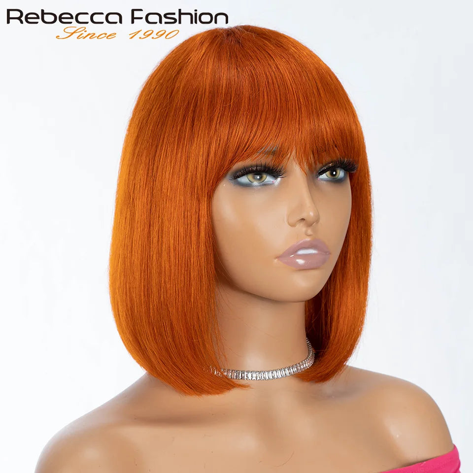 Rebecca ombre brown straight short bob human hair wig with bangs, full machine-made wig, natural look, easy to wear, HSF Marketplace