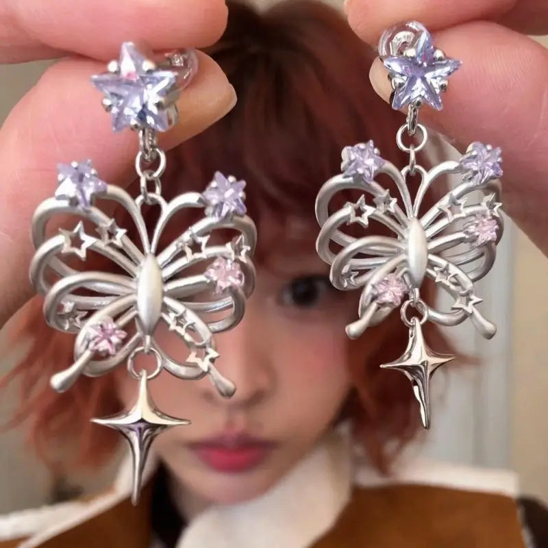 Gothic Butterfly Bone Tassel Earrings for Women with Zircon Accents