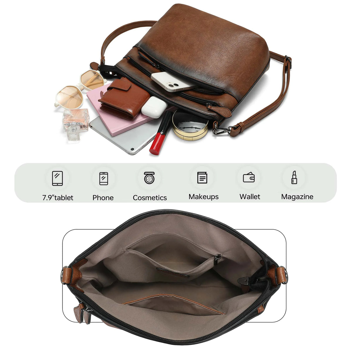Women's HSF Marketplace shoulder bag with adjustable strap, multi-pocket crossbody purse, ideal for everyday use.