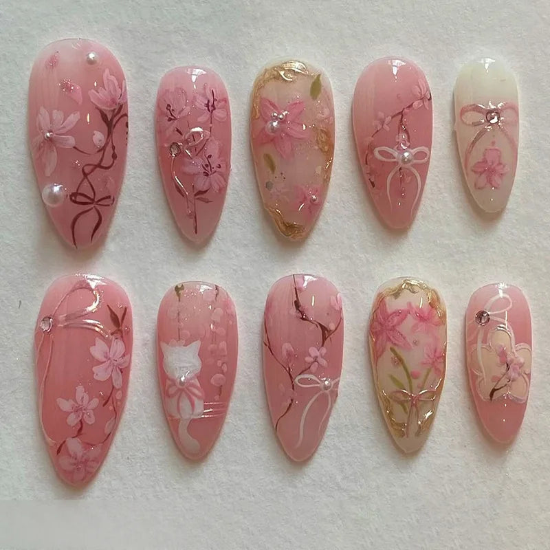 HSF Marketplace pink almond press-on false nails with bowknots, love hearts, and pearl design, 24-piece set