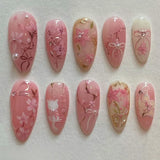 HSF Marketplace pink almond press-on false nails with bowknots, love hearts, and pearl design, 24-piece set