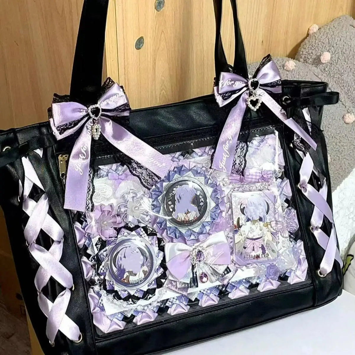 Cute Japanese ribbon ita bag, transparent aesthetic tote with decorative front window for girls by HSF Marketplace