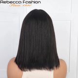 Rebecca Natural Black 99J orange short straight human hair wig with bangs, full machine-made Remy wig for women.