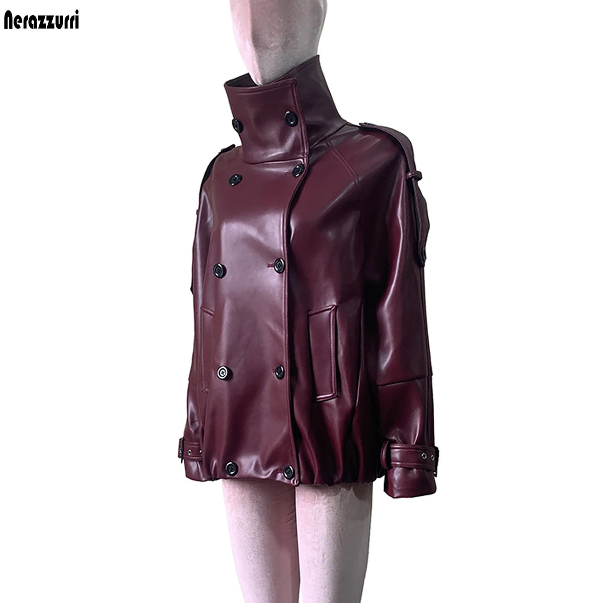 Nerazzurri women's autumn PU leather trench coat, double-breasted design with thick waterproof windproof finish