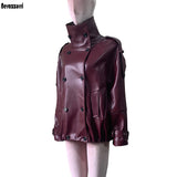 Nerazzurri women's autumn PU leather trench coat, double-breasted design with thick waterproof windproof finish
