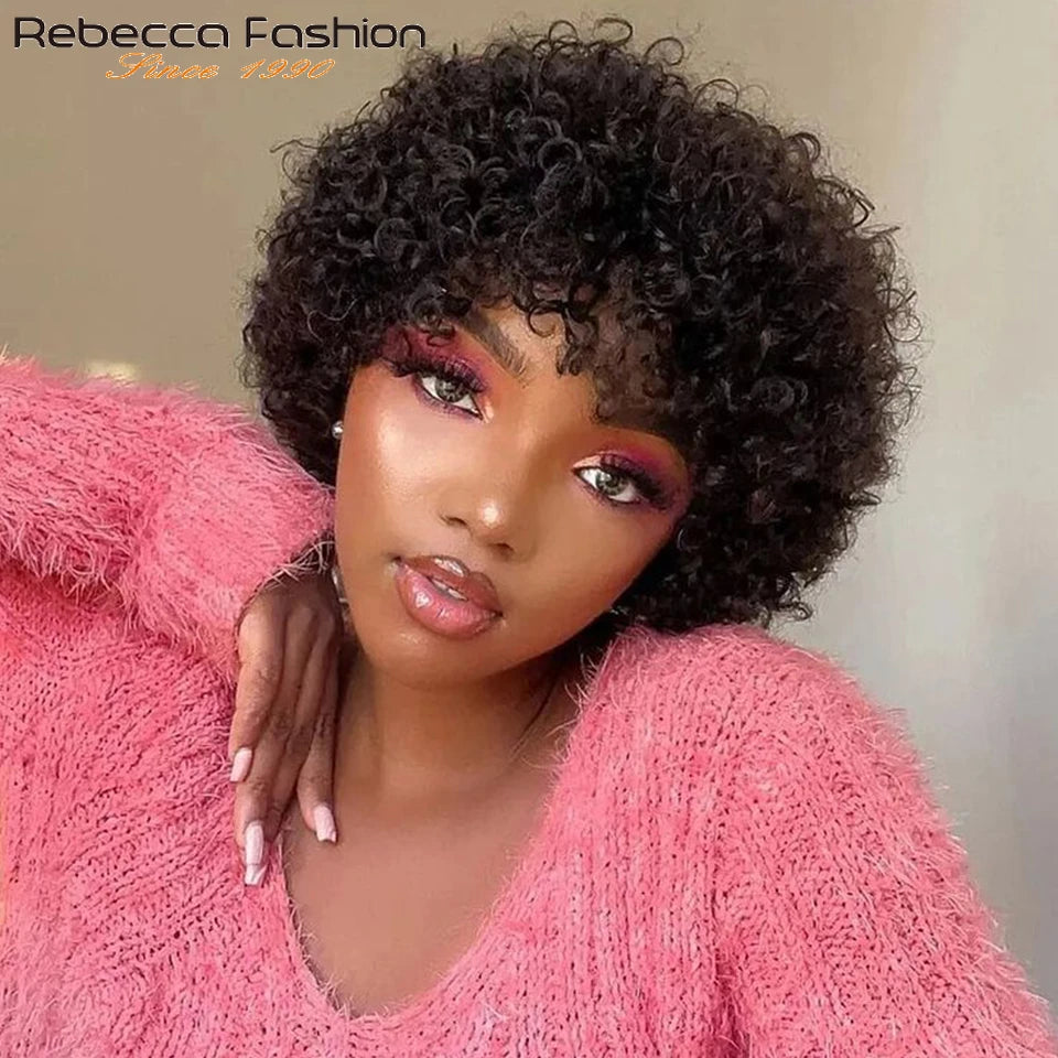 Rebecca short pixie afro kinky curly human hair wig with bangs in natural brown for Black women