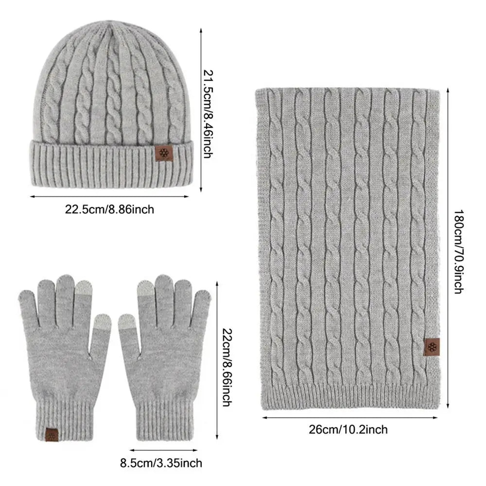 Warm 3-in-1 winter beanie hat, scarf, and gloves set in soft knit fabric for cold-weather comfort