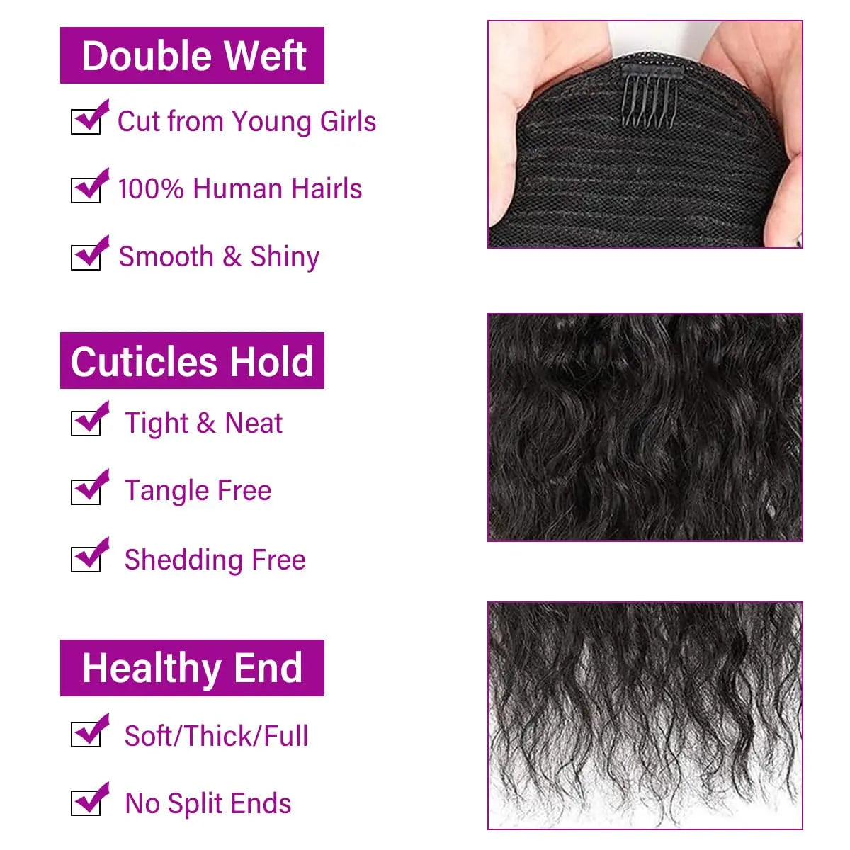 Water wave wrap-around drawstring ponytail human hair extension, long clip-in hairpiece for women