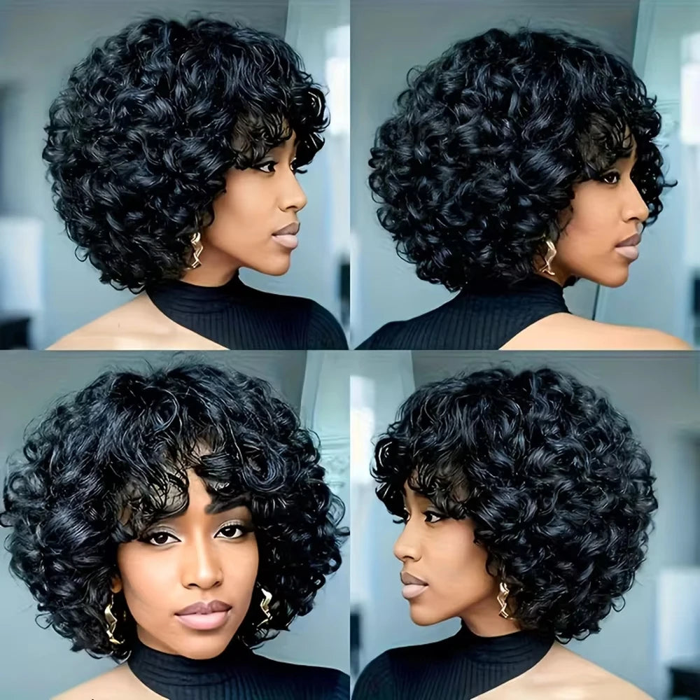 Short curly bob human hair wig with bangs, glueless machine-made afro wig for women