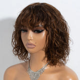 Short curly human hair wig by HSF Marketplace featuring a cute bob style with water wave curls, glueless Brazilian Remy hair.