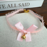 Cute women's lace choker necklace with bow, small bell pendant, gothic style jewelry, perfect for a stylish and elegant look.