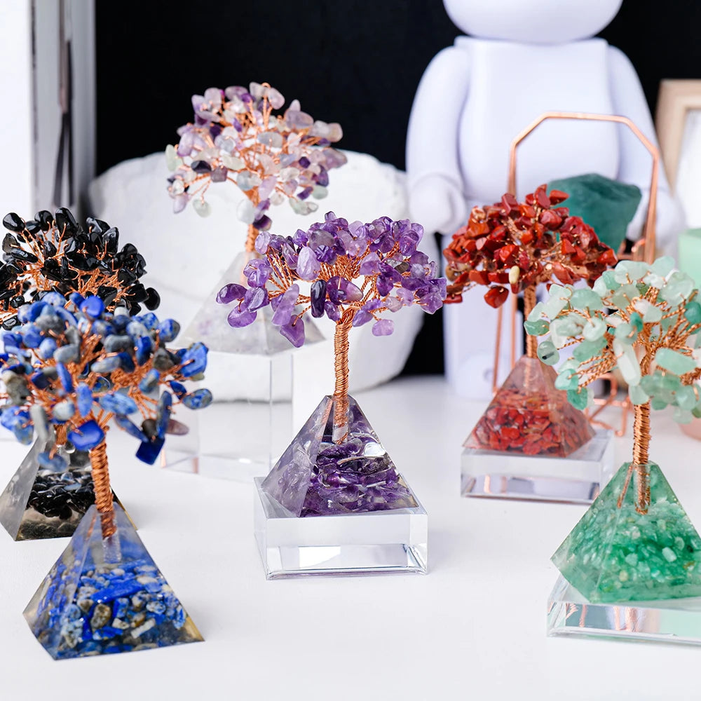 1pc Natural Crystal Tree Ornament Resin Pyramid Base Crystal Crushed Stone Fortune Tree Home Office Decoration Holiday Gift