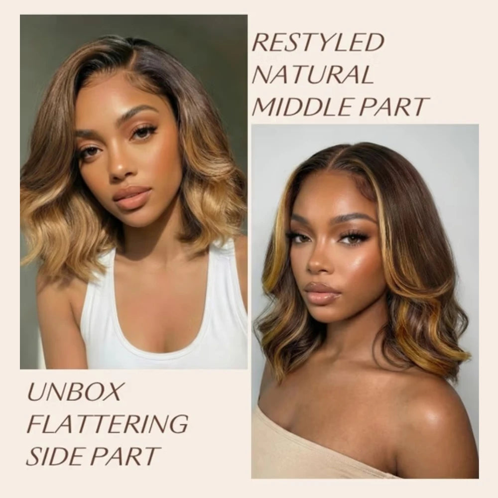 HSF Marketplace brown human hair wig with blonde highlights, wavy bob style, side part, lace front, face-framing layers