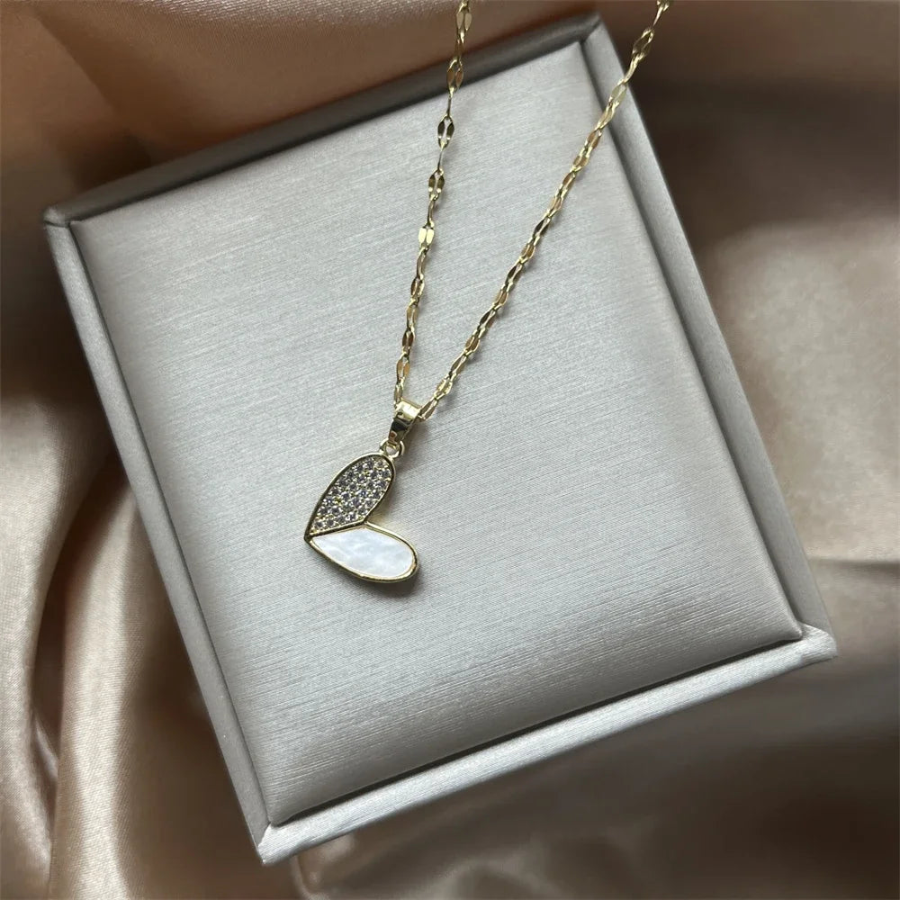Heart-shaped stainless steel zirconia necklace for women and girls in gold color, stylish jewelry for parties, birthdays, and daily wear