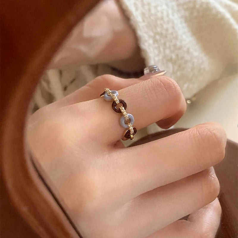 925 Sterling Silver Open Finger Ring Golden Enamel Donut Dazzling Geometric Punk For Women Jewelry Gift Dropship Wholesale
