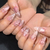 HSF Marketplace pink almond press-on false nails with bowknots, love hearts, and pearl design