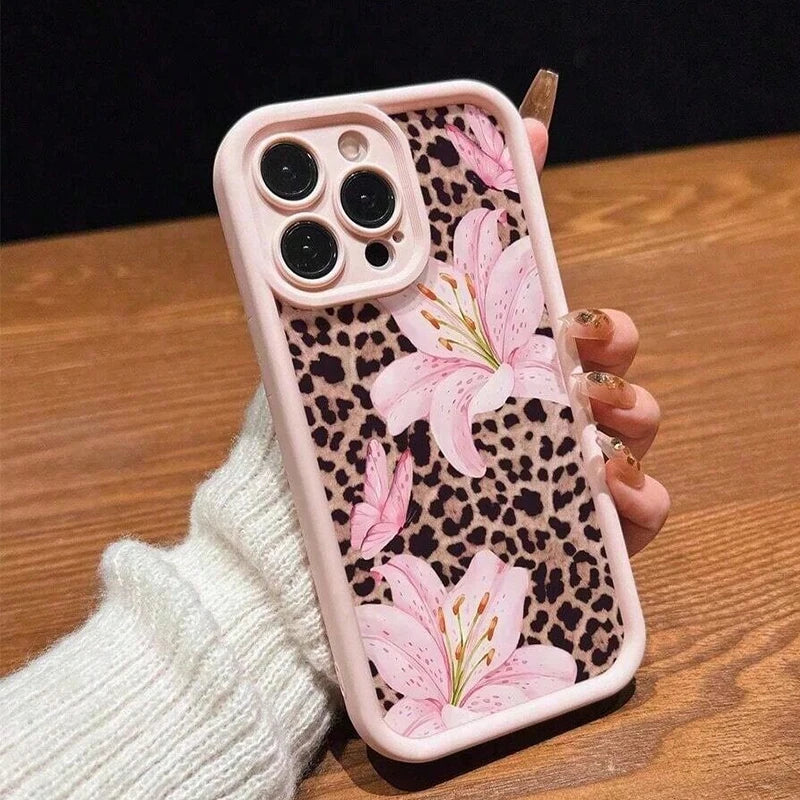 Pink lily and leopard print iPhone case by HSF Marketplace, stylish protective phone cover