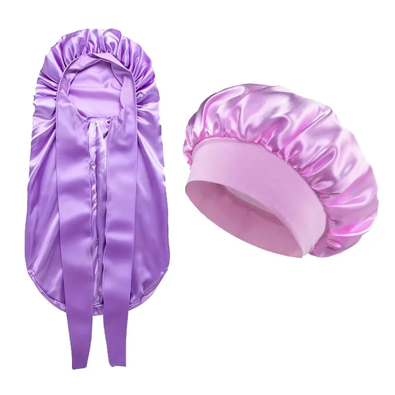2Pcs Satin Bonnet Set for Women Long Regular Size Silk Hair Cap for Sleeping, Night Hair Wrap for Curly, Braided, Natural Hair