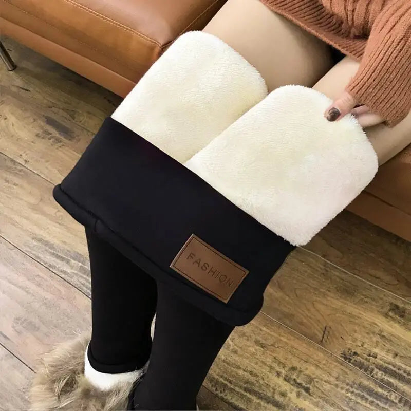 HSF Marketplace women's winter fleece leggings, high-waist lamb cashmere joggers in black velvety fabric