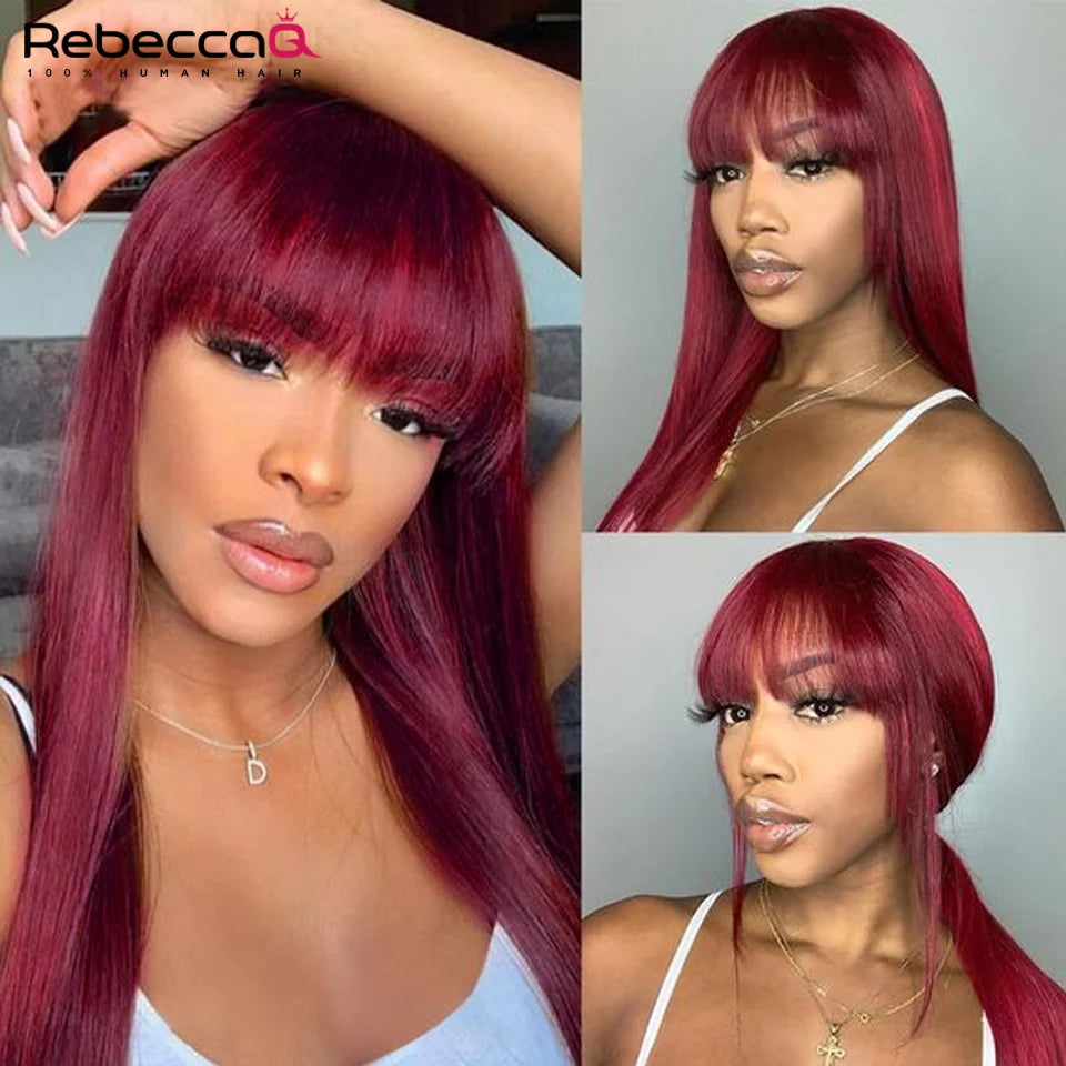 HSF Marketplace clearance burgundy red bone straight human hair wig with bangs, Brazilian Remy hair, perfect for Halloween cosplay.