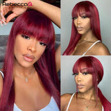 HSF Marketplace clearance burgundy red bone straight human hair wig with bangs, Brazilian Remy hair, perfect for Halloween cosplay.