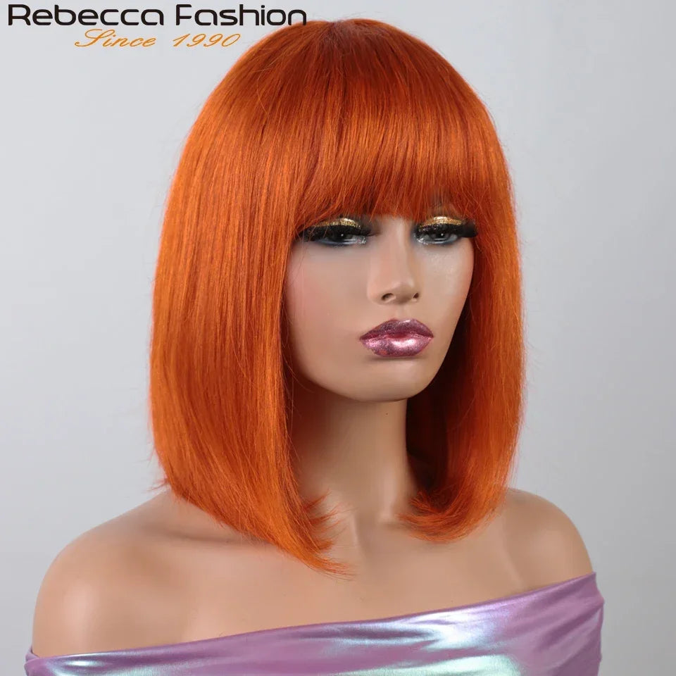Orange blonde short straight bob wig with bangs, human hair, Brazilian quality, crafted by HSF Marketplace.