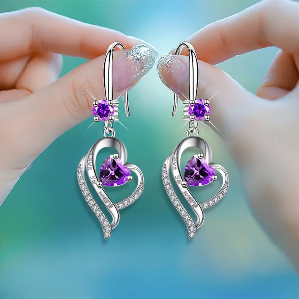 Silver heart drop earrings for women with colorful zircon stones by HSF Marketplace